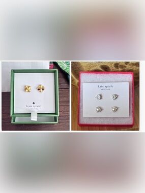 NWT - Three Pairs of Kate Spade Earrings. Gold Clover, White Crystal & Pearl